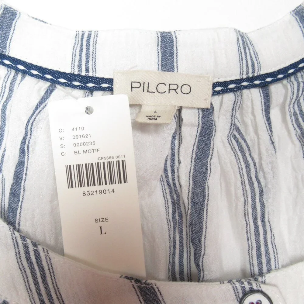 Anthropologie Pilcro Puff-Sleeve Blouse White + Blue Stripe L